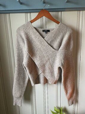 Lulus Beige Wrap Front Knit Sweater Cropped Cozy Size S